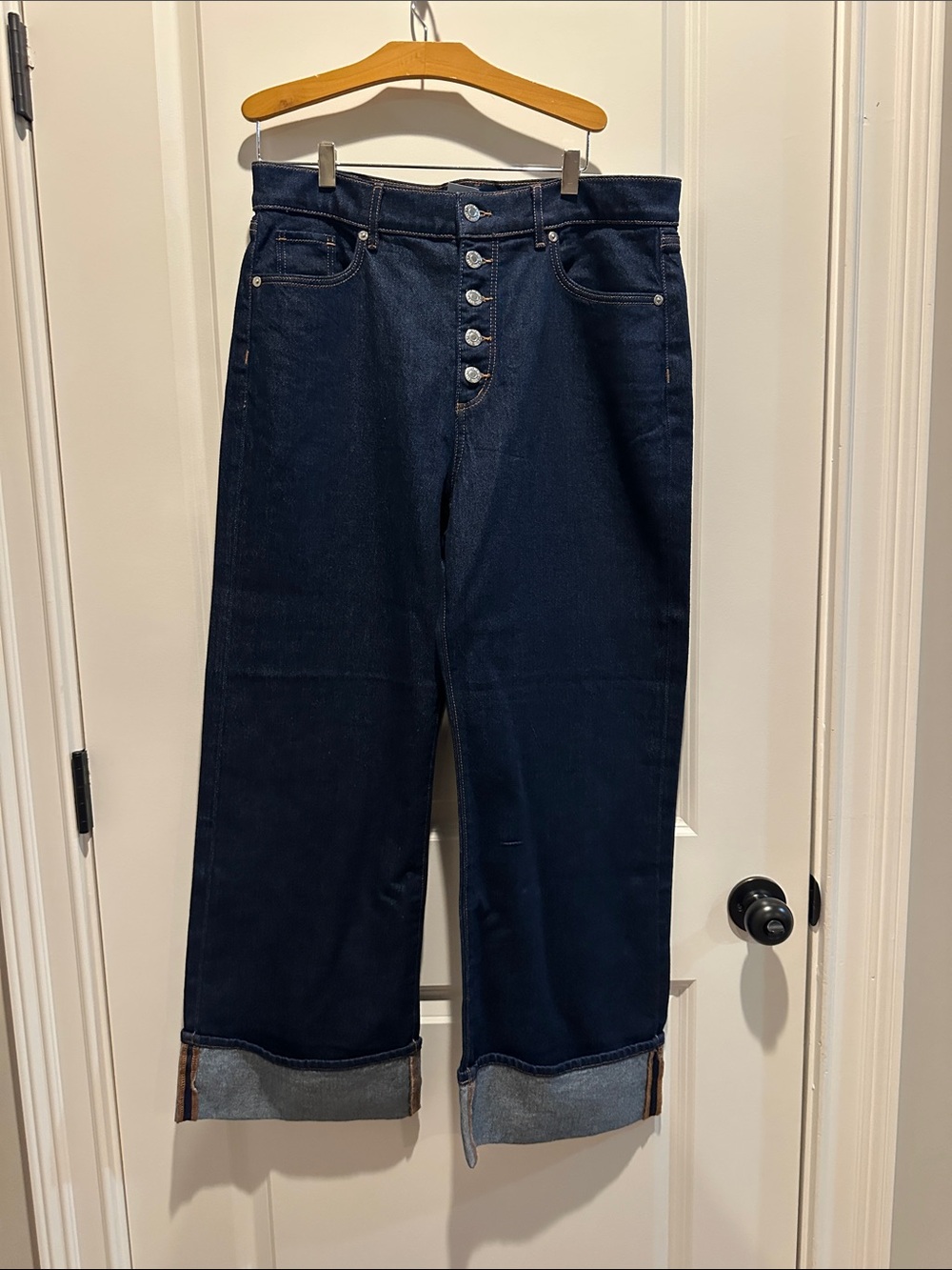 Loft High-Rise Dark Blue Wide-Leg Button-Fly Jeans